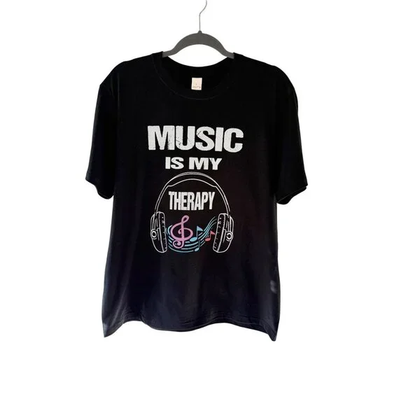 Music Is My Therapy T Shirt Size L Black Graphic Tee Headphones Treble Clef Note - Picture 8 of 12